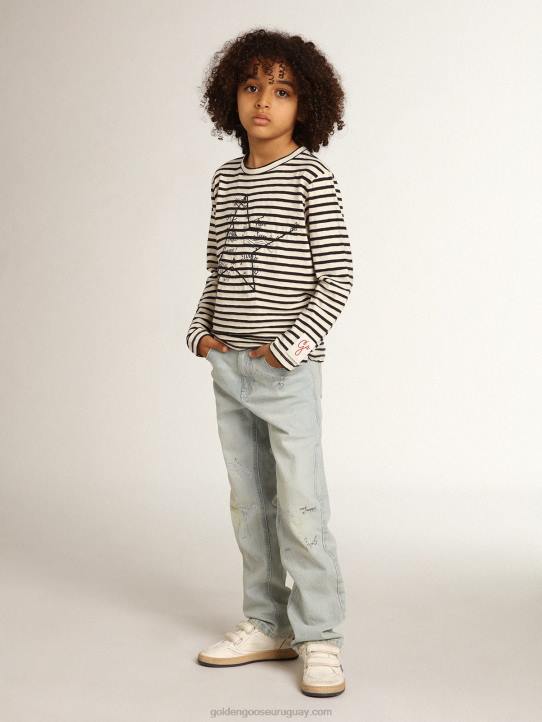camiseta de niño con rayas blancas y azules y bordado en la parte delanteraGolden Goose 02H6908