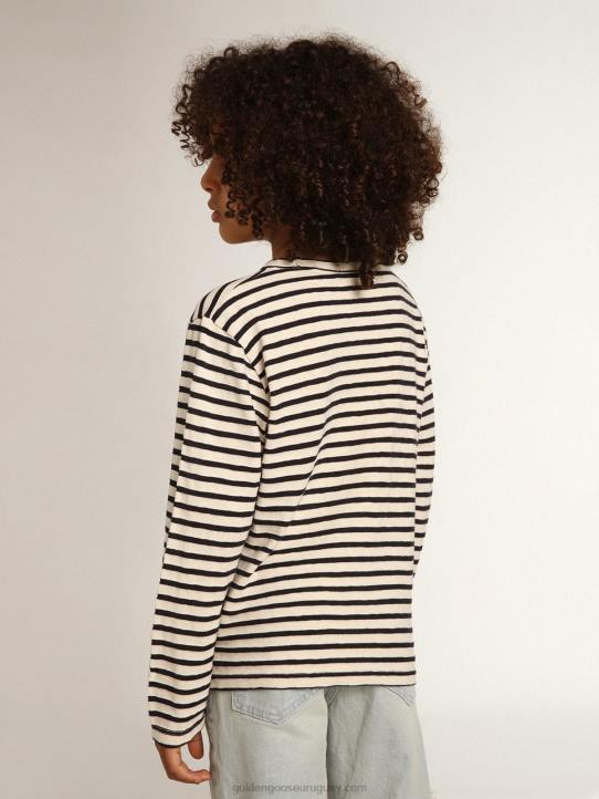 camiseta de niño con rayas blancas y azules y bordado en la parte delanteraGolden Goose 02H6908