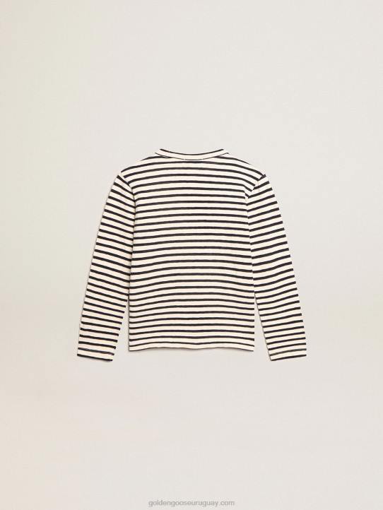 camiseta de niño con rayas blancas y azules y bordado en la parte delanteraGolden Goose 02H6908
