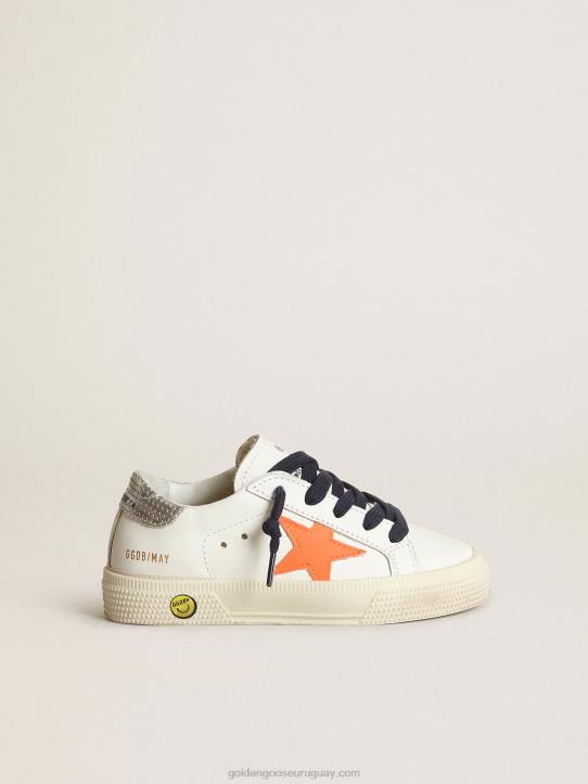 niños Zapatillas deportivas young may con estrella de piel naranja fluorescente y refuerzo del talón de piel plateada metalizada perforadaGolden Goose 02H6872