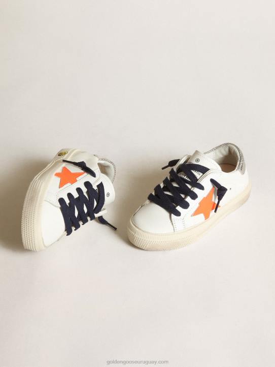 niños Zapatillas deportivas young may con estrella de piel naranja fluorescente y refuerzo del talón de piel plateada metalizada perforadaGolden Goose 02H6872