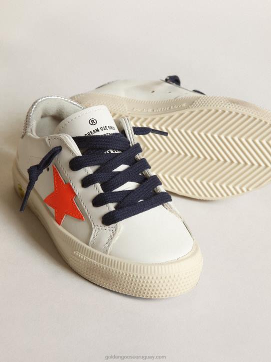 niños Zapatillas deportivas young may con estrella de piel naranja fluorescente y refuerzo del talón de piel plateada metalizada perforadaGolden Goose 02H6872