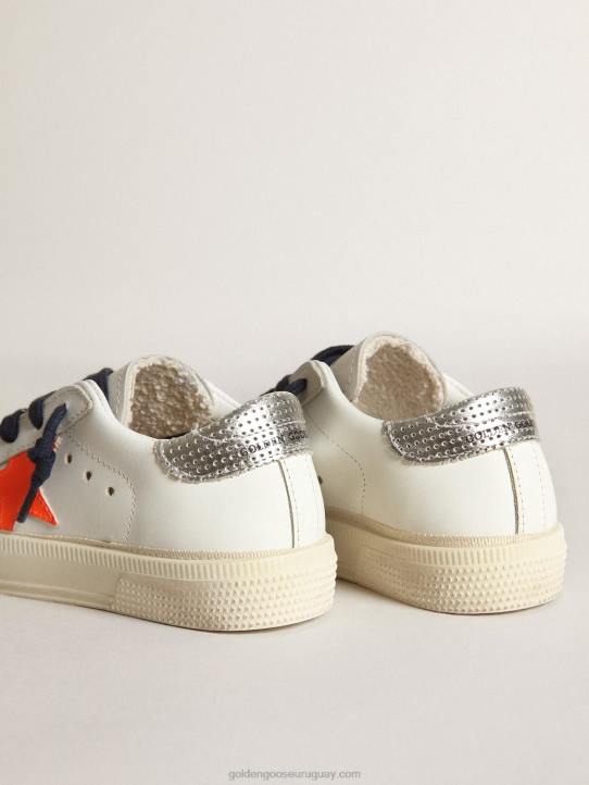 niños Zapatillas deportivas young may con estrella de piel naranja fluorescente y refuerzo del talón de piel plateada metalizada perforadaGolden Goose 02H6872