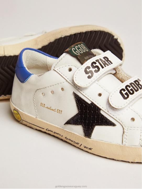 niños zapatillas deportivas young old school con estrella de piel negra con estampado de serpiente y refuerzo del talón de piel azulGolden Goose 02H6871
